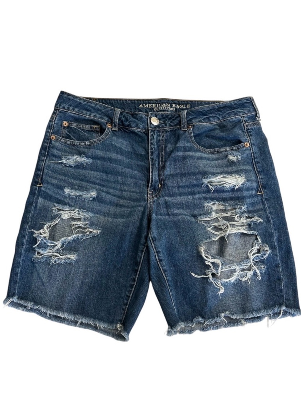 American Eagle Distressed Denim Midi Shorts Size 12 Cut Off Blue 100% Cotton
